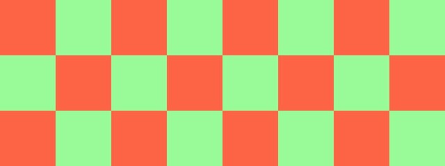 Checkerboard banner. Pale Green and Tomato colors of checkerboard. Big squares, big cells. Chessboard, checkerboard texture. Squares pattern. Background.
