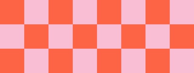 Checkerboard banner. Pink and Tomato colors of checkerboard. Big squares, big cells. Chessboard, checkerboard texture. Squares pattern. Background.