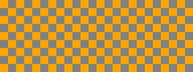 Checkerboard banner. Grey and Orange colors of checkerboard. Small squares, small cells. Chessboard, checkerboard texture. Squares pattern. Background.
