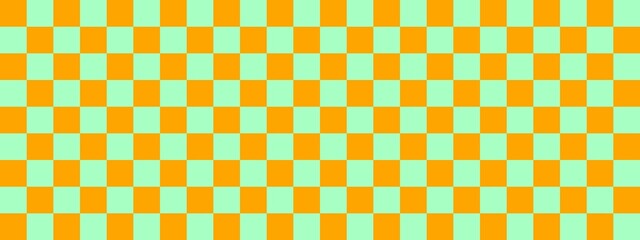 Checkerboard banner. Mint and Orange colors of checkerboard. Small squares, small cells. Chessboard, checkerboard texture. Squares pattern. Background.