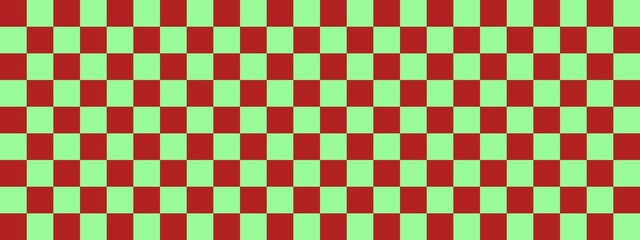 Checkerboard banner. Pale Green and Firebrick colors of checkerboard. Small squares, small cells. Chessboard, checkerboard texture. Squares pattern. Background.