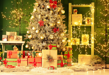 Many gifts under Christmas tree and glowing lights in room decorated for holiday