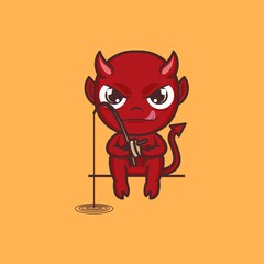 cute cartoon devil fishing. vector illustration for mascot logo or sticker