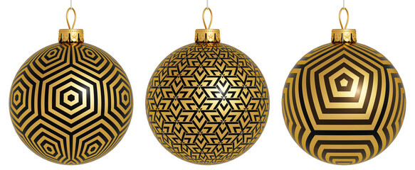 Christmas balls with gold and black pattern. Op Art gold decor. Luxury template for Christmas banner, cards or poster. Holiday. 3D render. Isolated on white. Merry Christmas! Optical illusions.
