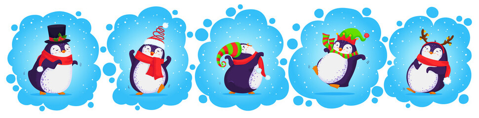 Banner made with set of Christmas hand drawn cute penguins.