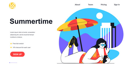 Summertime vacation web banner concept. Woman sunbathing on seaside beach and uses smartphone, traveler resting at sea, landing page template. Vector illustration with people scene in flat design