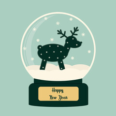 Happy New Year glass ball with snowflakes and a deer in the snow. Winter souvenir toy, snow globe