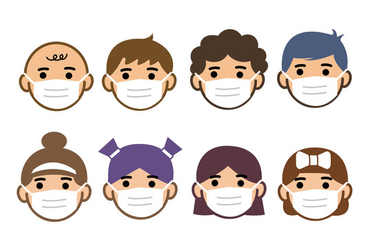 Line icons of Kids with protection mask vector illustrations set. Group of children wearing medical masks to prevent disease, flu, air pollution, contaminated air, world pollution.