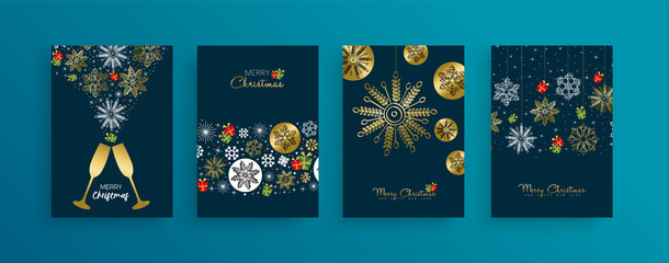 Fototapeta na wymiar Christmas New Year gold snowflake gift card set