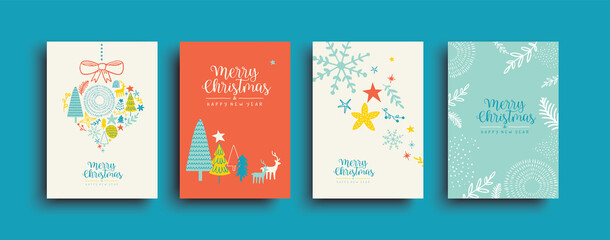 Fototapeta na wymiar Christmas New Year colorful winter doodle card set