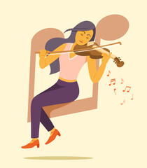 Woman Play Violin While Sit on the Big Musical Note Symbol.