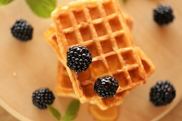 Belgian waffles.Baking with honey.waffles with honey and blackberries.delicious dessert.Fresh baked goods with berries