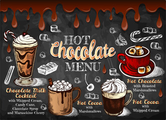 Sketch drawing template of Hot Chocolate Menu with colorful cocoa drinks isolated on blackboard. Chalk drawing marshmallow, whipped cream, cinnamon, candy cane, cherry, Christmas. Vector illustration. - 468491879