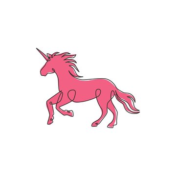 Single continuous line drawing of beautiful unicorn for corporate logo identity. Kids fantasy imagination creature concept for textile fashion print. Modern one line draw design vector illustration