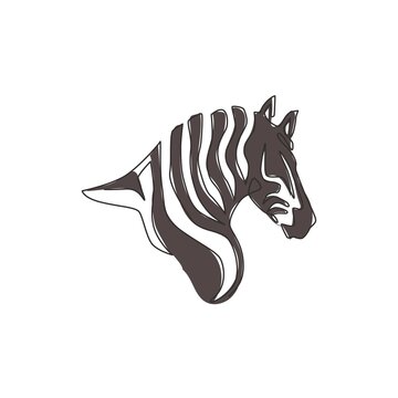 One single line drawing of zebra head for national park zoo safari logo identity. Typical horse from Africa with stripes concept for kids playground mascot. Continuous line draw design illustration