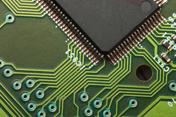 Close up shot of micro chip on a printed circuit board