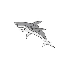 Obraz premium Single continuous line drawing of aggressive shark for nature adventure company logo identity. Wildlife sea fish animal concept for safe ocean organization mascot. One line draw design illustration