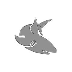 Single continuous line drawing of aggressive shark for nature adventure company logo identity. Wildlife sea fish animal concept for safe ocean organization mascot. One line draw design illustration