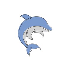 Single continuous line drawing of friendly cute dolphin for underwater life aquarium logo identity. Wild sea mammal animal concept for circus mascot. One line draw vector design graphic illustration