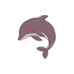 Single continuous line drawing of friendly cute dolphin for underwater life aquarium logo identity. Wild sea mammal animal concept for circus mascot. One line draw graphic vector design illustration