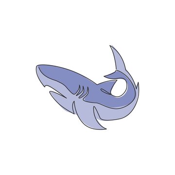 One continuous line drawing of shark sea fish predator for underwater life aquarium logo identity. Wild sea animal concept for nature lovers foundation mascot. Single line draw design illustration