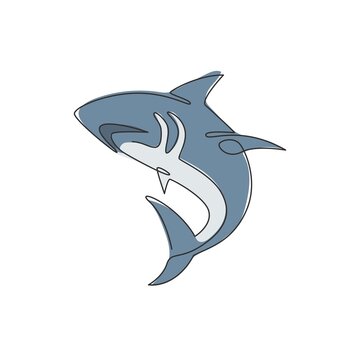 Single continuous line drawing of aggressive shark for nature adventure company logo identity. Wildlife sea fish animal concept for safe ocean organization mascot. One line draw design illustration