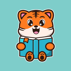vector illustration of cute tiger 
was reading a book,  suitable for greeting cards, birthday gifts, stickers, clothes	
