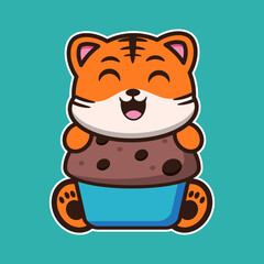 vector illustration of cute tiger 
hug big cake,  suitable for greeting cards, birthday gifts, stickers, clothes	

