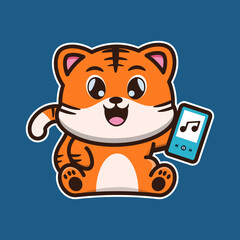 vector illustration of cute tiger 
holding smartphone,  suitable for greeting cards, birthday gifts, stickers, clothes	
