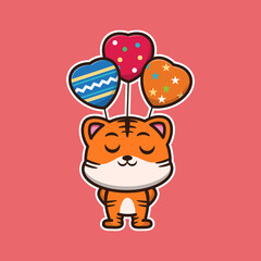 vector illustration of cute tiger 
bring balloons,  suitable for greeting cards, birthday gifts, stickers, clothes	
