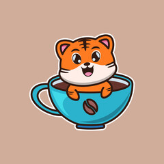 vector illustration of cute tiger in a coffee cup,  suitable for greeting cards, birthday gifts, stickers, clothes	
