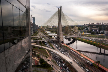 Fototapeta premium Sao Paulo, Brazil, November 05, 2010. Aerial view of the Octavio Frias de Oliveira Bridge, known as the Estaiada Bridge, in the south zone of Sao Paulo, SP