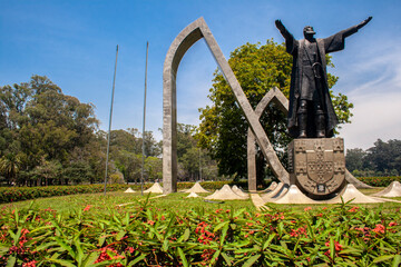 Statue of the Portuguese explorer Pedro Álvares Cabral in front of Ibirapuera park. He is known as...