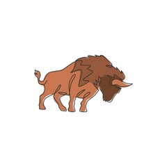 One single line drawing of healthy organic american bison for livestock cattle logo identity. Big buffalo mascot concept for canned meat food. Modern one line draw design vector graphic illustration