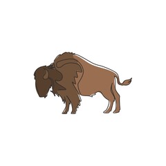 One continuous line drawing of strong north american bison for conservation forest logo identity. Big bull mascot concept for national park. Modern one line draw vector graphic design illustration