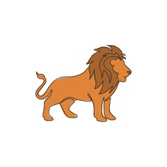 One continuous line drawing of king of the jungle, lion for company logo identity. Strong feline mammal animal mascot concept for national safari zoo. Single line draw design illustration vector