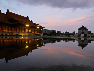 Exterior view of the National Chiang Kai shek Memorial Hall with reflection