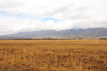 Autumn desert steppe with dry grass at the foot of high mountains covered with snow.