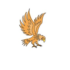 One continuous line drawing of strong eagle for delivery service logo identity. Hawk mascot concept for bird conservative park icon. Dynamic single line vector graphic draw design illustration