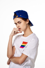 woman with lgbt flag transgender community light background