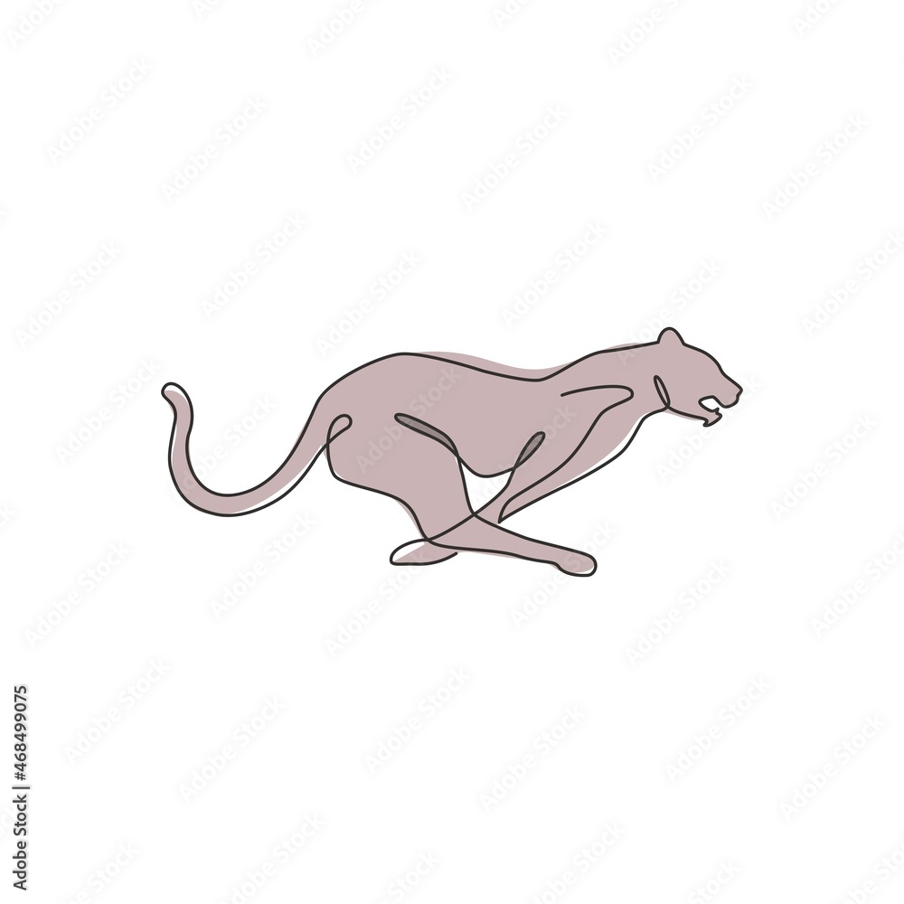 Poster single continuous line drawing of running cheetah for e-sport team logo identity. leopard mascot con