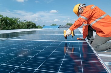 Technician with drill installing solar panels on roof.Male in protective helmet installing solar photovoltaic panel using screwdriver mounting solar module on roof. Alternative energy ecological.
