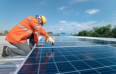 Technician with drill installing solar panels on roof.Male in protective helmet installing solar...