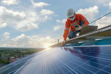 Solar cell Electric Industry Technician using a multimeter, measuring instrument or device tool and programs in laptop computers