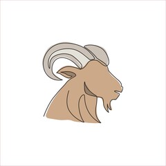 One single line drawing of funny cute goat head for stock breeding logo identity. Lamb mascot emblem concept for animal husbandry icon. Dynamic continuous line draw design vector illustration graphic