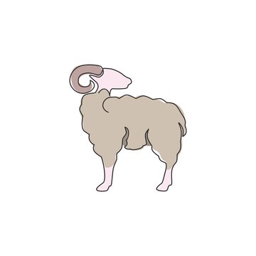 Single continuous line drawing of funny cute sheep for business logo identity. Lamb mascot symbol concept for ranch icon. Trendy one line draw design vector graphic illustration