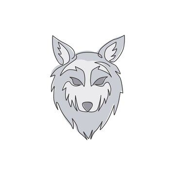 One single line drawing of dangerous wolf head for hunter club logo identity. Strong wolves mascot emblem concept for national zoo icon. Modern continuous line draw design vector graphic illustration
