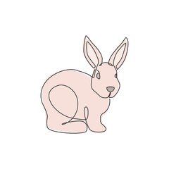 Fototapeta na wymiar Single continuous line drawing of funny rabbit for pet shop logo identity. Cute bunny animal mascot concept for kids toy shop icon. Dynamic one line draw graphic design vector illustration