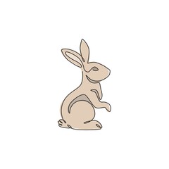 One continuous line drawing of adorable standing rabbit for animal lover club logo identity. Cute bunny animal mascot concept for kids doll shop icon. Single line draw design vector illustration