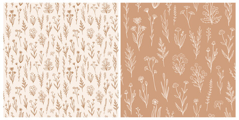 Wildflower seamless pattern set with outline florals. Retro style print design collection with hand drawn flowers in rustic colors. Simple field floral patterns for wallpaper, packaging, fabric design